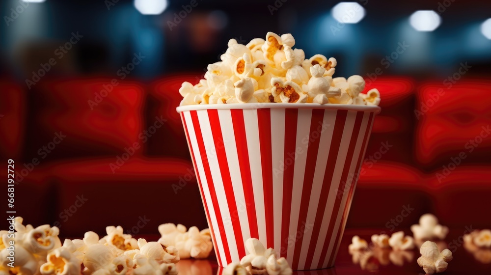Popcorn in striped paper bucket on a blurred cinema hall background with red seats Popcorn in striped paper bucket on a blurred cinema hall background with red seats
