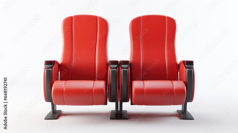 Fototapeta premium Two red cinema theater chairs front view on isolated white background