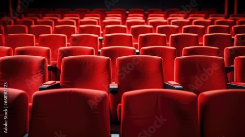 Close up of rows of red theatre seats at a cinema hall, front view