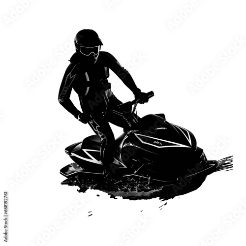 Black silhouette of a man on a jet ski on white background.