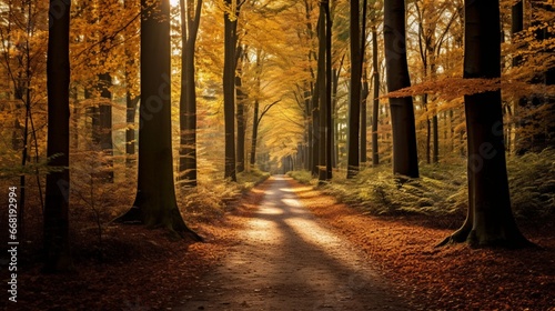 A tranquil forest path surrounded by autumn colors, the leaves crunching underfoot.