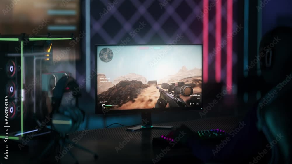 Searching for enemy using a sniper rifle in the modern military shooter computer game. Dying to an enemy shot in the military shooter computer game. Losing a round of a military shooter computer game. Searching for enemy using a sniper rifle in the modern military shooter computer game. Dying to an enemy shot in the military shooter computer game. Losing a round of a military shooter computer game.