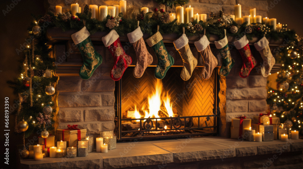 Christmas socks on a fireplace background. Christmas and New Year concept.