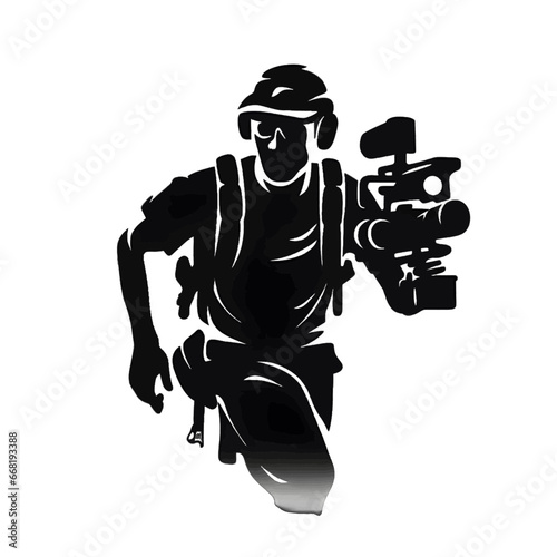 Black silhouette of cameraman on white background. photo