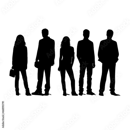 Black silhouette of five people standing on white background. photo