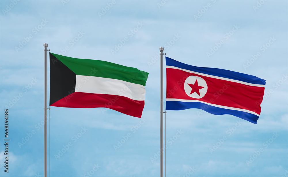 North Korea and Kuwait flags, country relationship concept