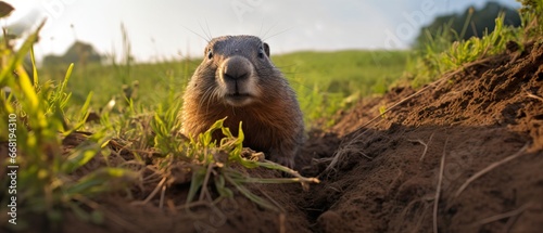A little groundhog coming out of hiding. Groundhog day concept. marmot