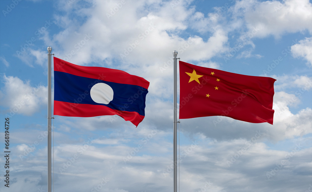 China and Laos flags, country relationship concept