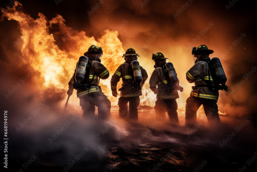 Strong and brave Firefighters fight the fire. Land and water around Burn With Open Flames. Strong and brave Firefighters fight the fire. Land and water around Burn With Open Flames.