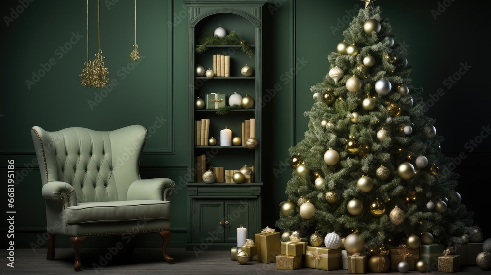 A Christmas tree in front of a olive green wall.