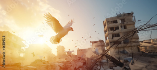 Fotografering Peace crisis concept, White Dove pigeons flying in front of collapsed buildings,