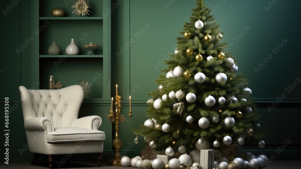 A Christmas tree in front of a olive green wall.