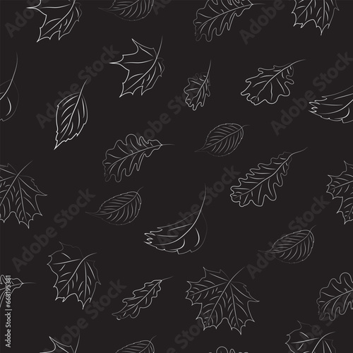 Seamless pattern. Autumn leaves in thin lines on a black background. High quality vector illustration.