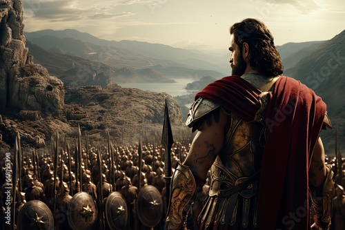King Leonidas from backview standing front of 300 spartan soldier. photo