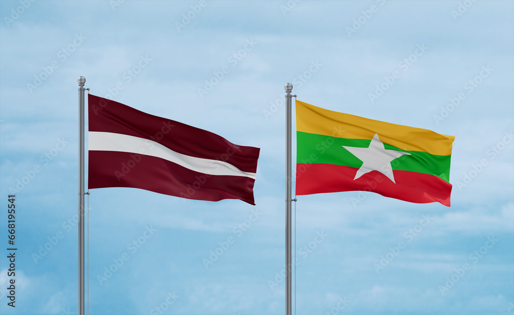Myanmar and Latvia flags, country relationship concept Myanmar and Latvia flags, country relationship concept