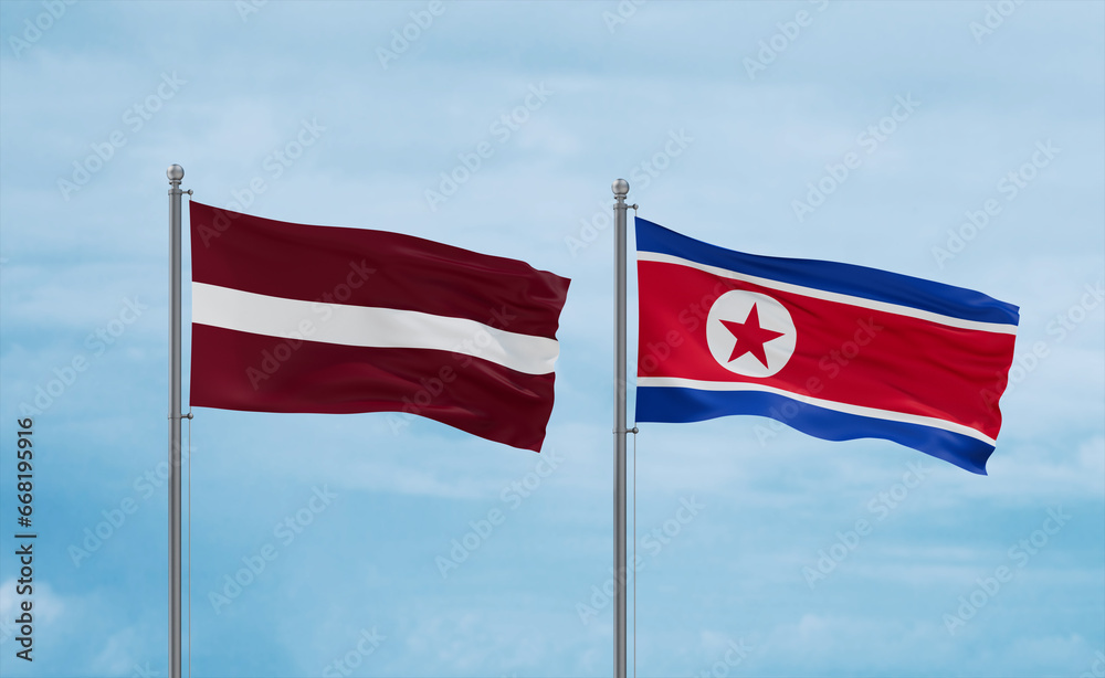 North Korea and Latvia flags, country relationship concept