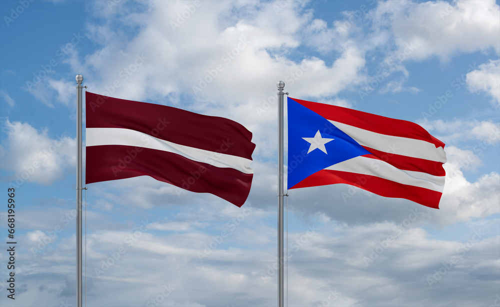 Puerto Rico and Latvia flags, country relationship concept