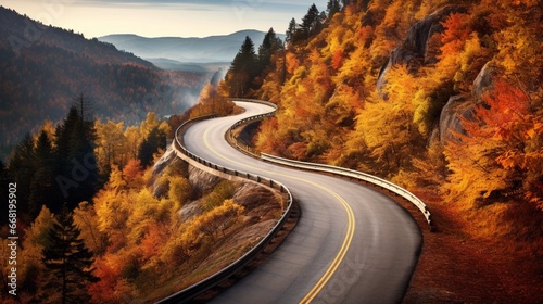 A winding road through a valley, flanked by trees adorned in their autumn finest, leading toward the unknown of winter.