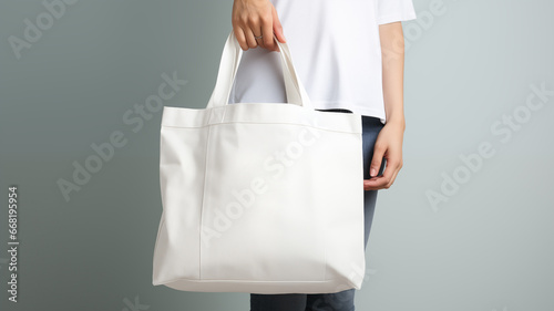 Woman holding blank template of reusable cloth bag for placing logo. environmental concept