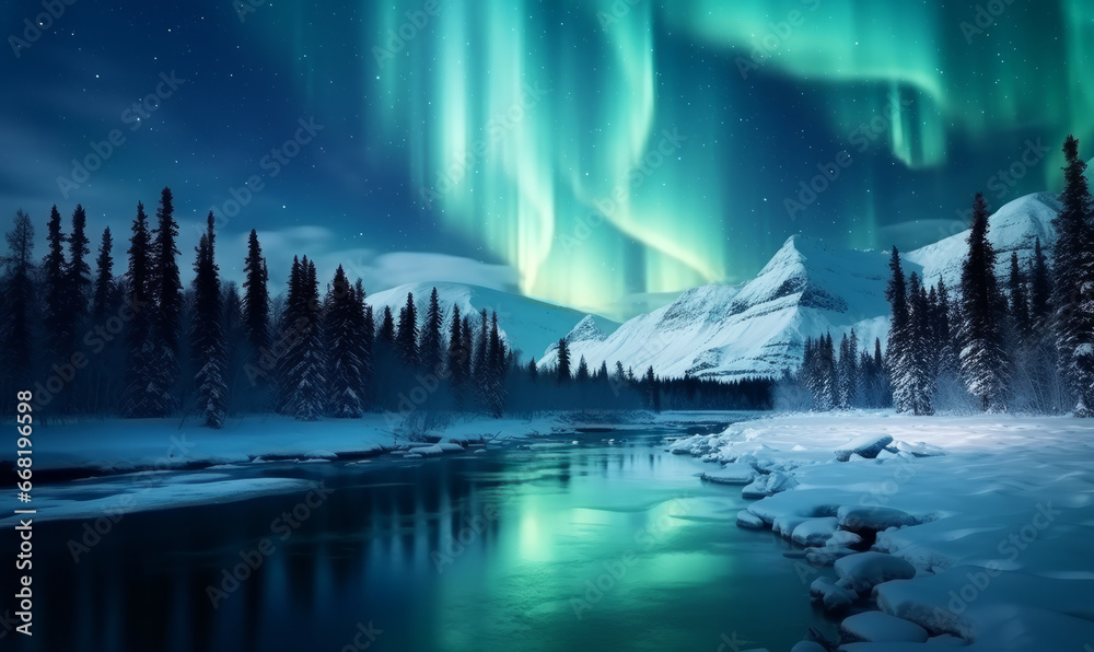 Dramatic landscape with beautiful Northern Lights, Aurora borealis light show in the sky - obrazy, fototapety, plakaty 