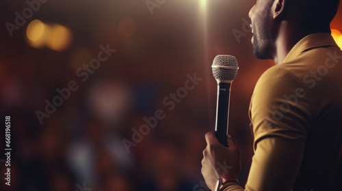 Close up portrait of an African male motivational speaker holds microphone on stage on a blurred hall audience background photo