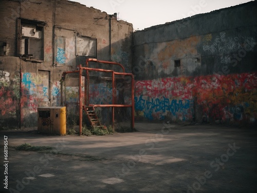 An old asphalt playground in a poor neighborhood photo