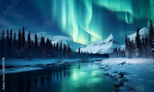 Dramatic landscape with beautiful Northern Lights, Aurora borealis light show in the sky photo