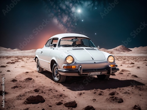 White car on the moon in space