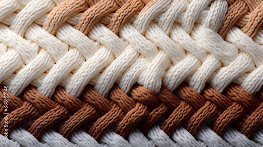 a macro close-up image of a knitted pattern texture, white and brown colors, filling the frame. Idea for a sweater or a scarf