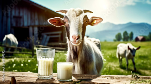 Image of a farm on a table with natural milk in the background. Organic goat milk. AI Generated