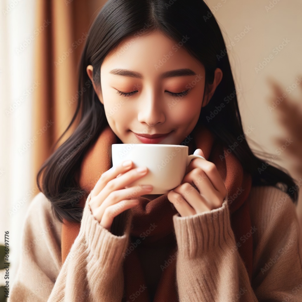 woman drinks hot coffee in cozy home warm colors xmas season woman drinks hot coffee in cozy home warm colors xmas season