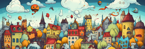 Skyline of a cute cartoon town. Lots of old cozy houses in a European city. Fantastical fairy tale cityscape on a cloudy autumn day