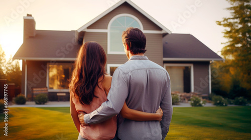 Happy couple stand outdoors hug and look at their new house. AI Generated