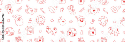 Merry Christmas groovy funny cartoon seamless pattern. Santa Claus, Christmas tree, coffee and ball in trendy funky retro cartoon style. Greeting background, wrapping paper, textile, wallpaper.