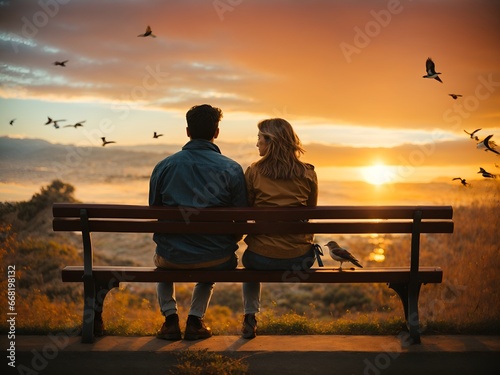 A couple sits on a bench watching the sunset