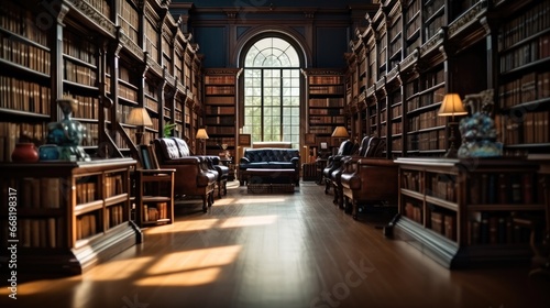A quiet dimly lit library surrounded by shelves of sealed books. photo