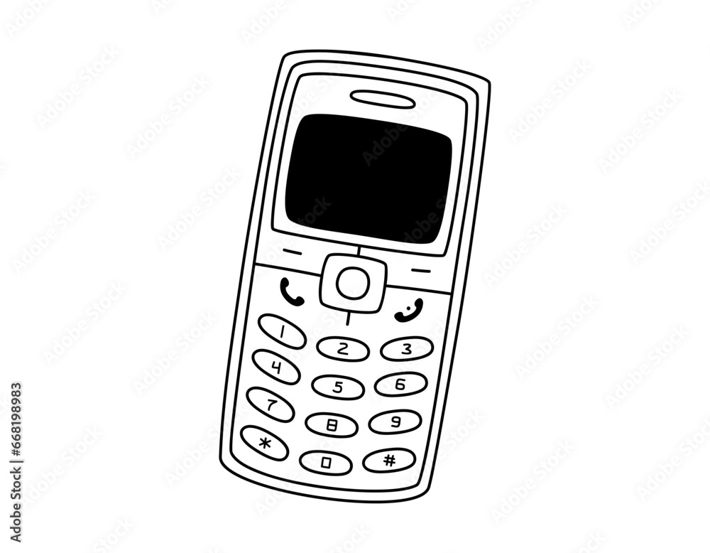Hand drawn cute outline illustration of retro cell mobile phone. Flat vector old mobile telephone with buttons line art sticker in doodle style. Call device icon or print. Isolated on white background Hand drawn cute outline illustration of retro cell mobile phone. Flat vector old mobile telephone with buttons line art sticker in doodle style. Call device icon or print. Isolated on white background
