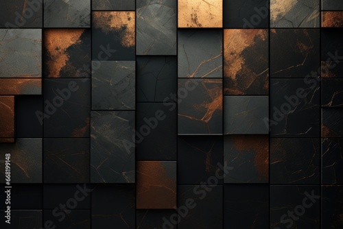 3d illustration of abstract geometric background with black and brown marble tiles. Generative Ai