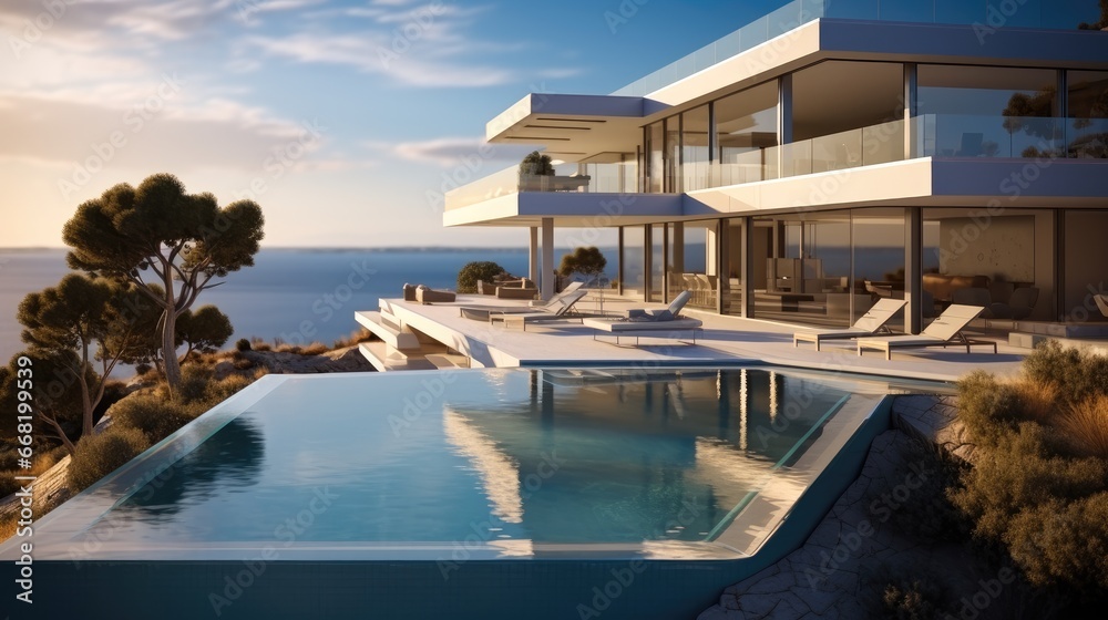 A two story villa with a beautiful rectangular pool, overlooking the ocean.