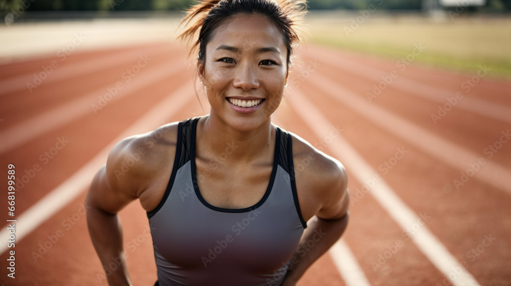 A beautiful female athlete training in sportswear training to compete, on the track in a stadium. concept of fitness, exercise, sports and physical health, beautiful sunny day, space for text