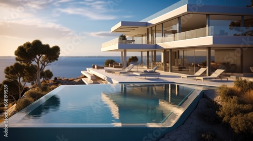 A two story villa with a beautiful rectangular pool, overlooking the ocean.