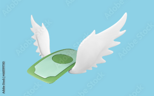 Flying dollar bill with white wings isolated on blue background. Concept of financial loss, spending, banking loan payment, inflation, growing prices and easy income. Vector 3d illustration