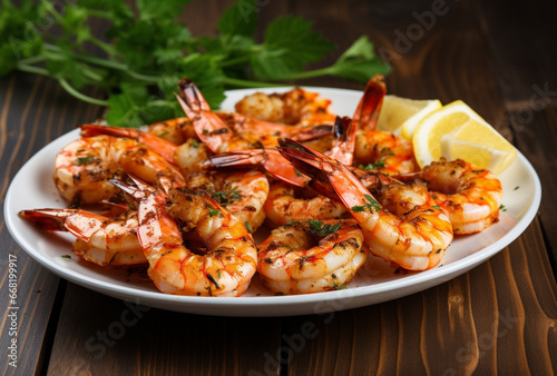 grilled prawns on a white plate. AI Generated Images