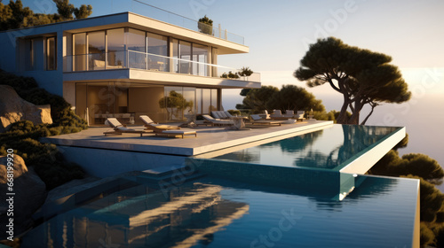 A two story villa with a beautiful rectangular pool, overlooking the ocean. © visoot