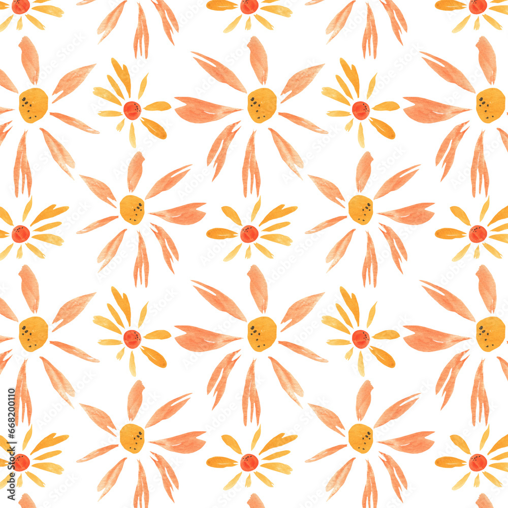 Floral pattern with orange flowers. Watercolor seamless border for floral background, textile or horizontal wallpapers. Isolated illustration of design elements.