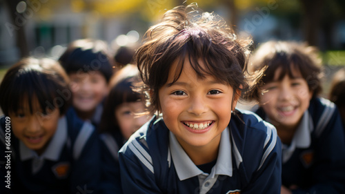  Group of primary school students dressed in uniform happy in the school yard. Latino children. Asian boys and girls. Study and education concept. Children enjoying outdoor recess at school.