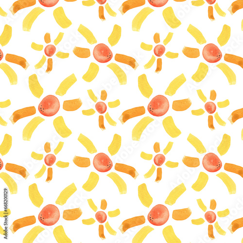 Fototapeta Naklejka Na Ścianę i Meble -  Floral pattern with orange flowers. Watercolor seamless border for floral background, textile or horizontal wallpapers. Isolated illustration of design elements.