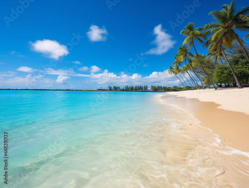 A picture-perfect beach with sparkling turquoise water  inviting and untouched by human activity.