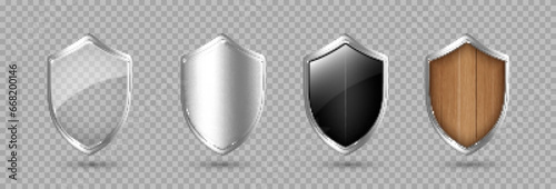 Set of 3D realistic metallic, wooden and transparent shields. Symbol of protection and security. Vector 3d illustration