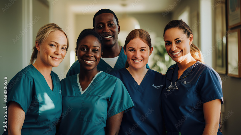 Group of diverse nurses smiling outdoors in scrubs, showcasing unity and dedication in healthcare. Group of diverse nurses smiling outdoors in scrubs, showcasing unity and dedication in healthcare.